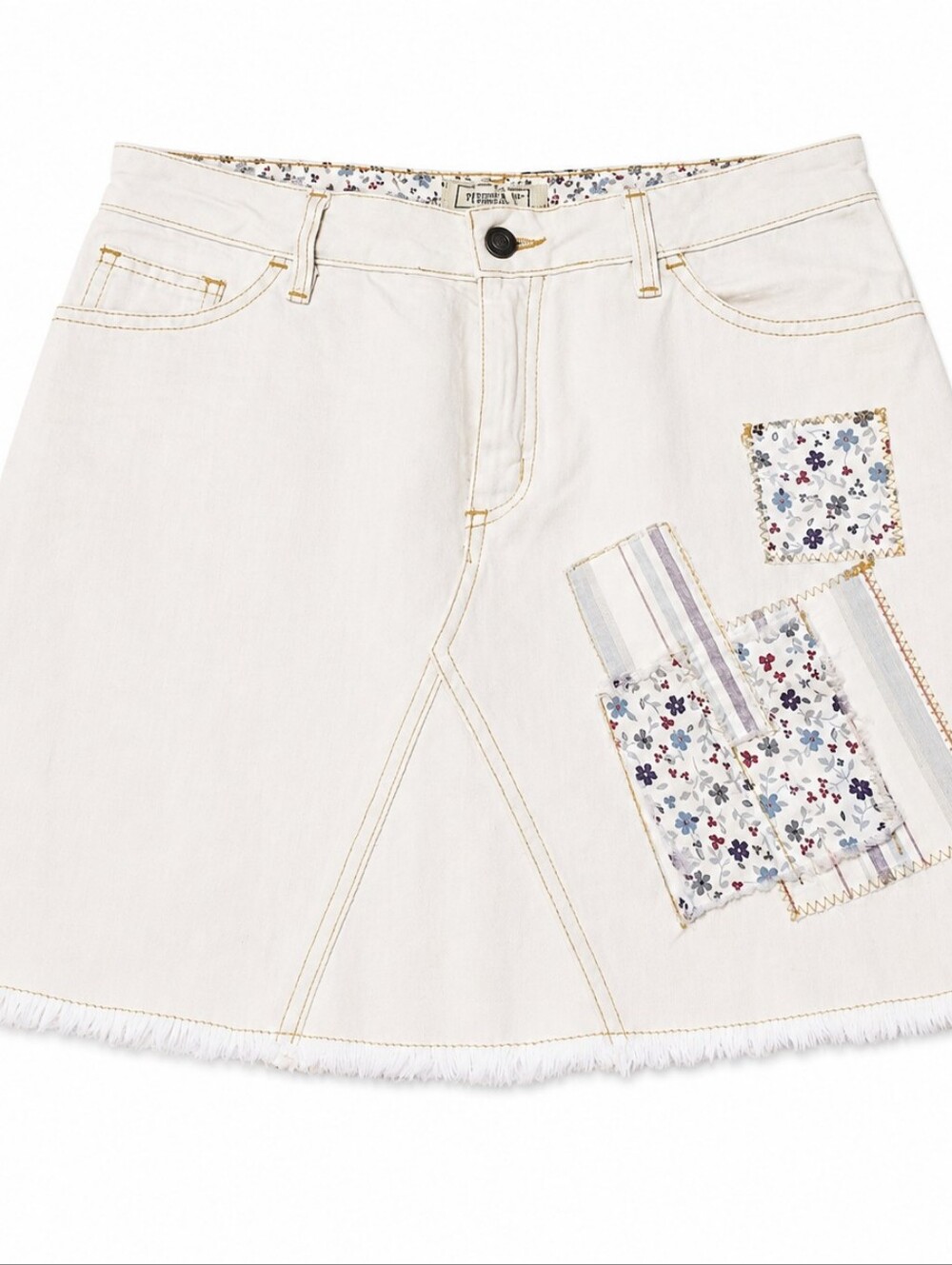 TRF Jeans Patchwork Cream, Blue Pink Floral Patch Mini Skirt Made In Spain SZ:8